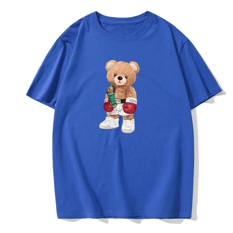 Men's Cotton Casual Short Sleeve Power Boxer Teddy Bear Never Give Up Printed Funny T-Shirt European Size Men's T-Shirt Clothing