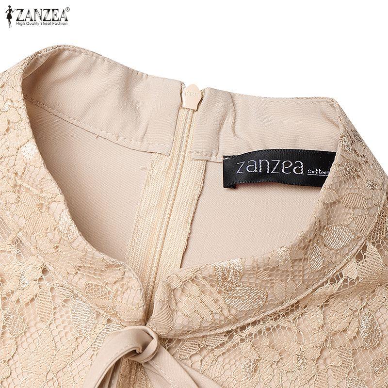 ZANZEA Damen Lässiges Stehkragen 3/4 Ärmel Lockeres Patchwork Spitzenkleid