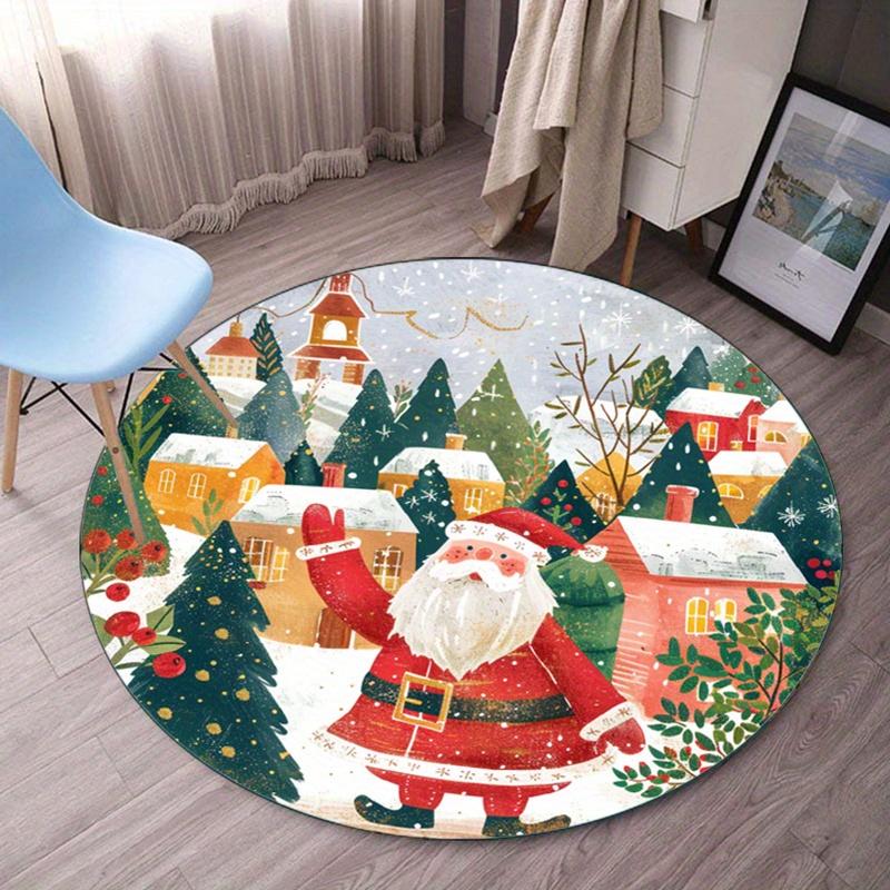 

Santa Claus Snowy VillageChristmas Scene Round Rug Soft Crystal Velvet Floor Mat Holiday Decoration Xmas Theme Living RoomCarpet 60cm x 60cm