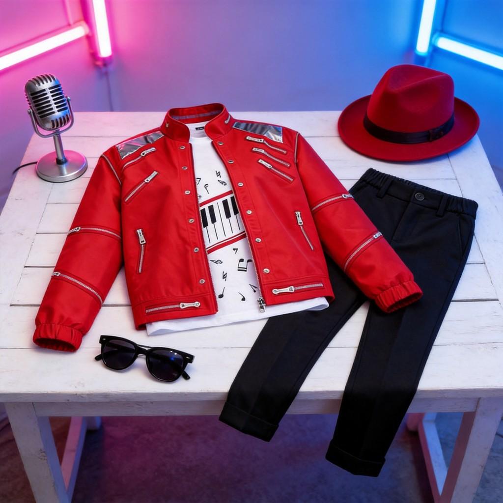 Michael Jackson Performance Costume Threepiece Red Leather Cosplay For Children