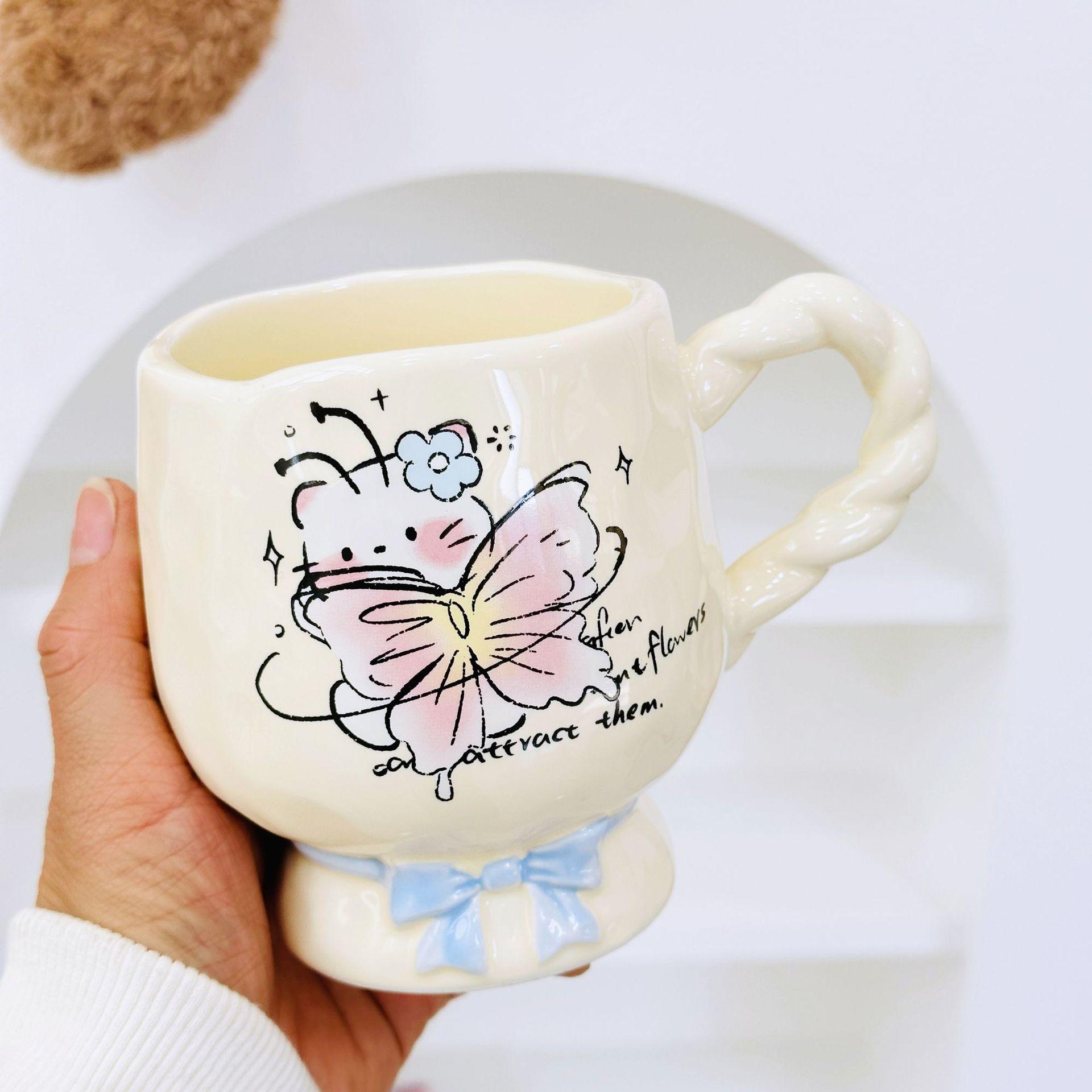 

Милая мультяшная чашка с котенком для девочек, керамическая кружка большой вместимости с ложкой, офисная чашка для молока и кофе 350ML