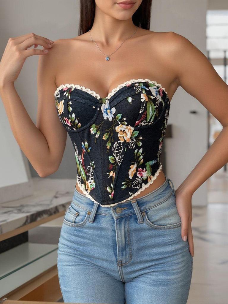 French Lace Tie Fishbone Camisole - Retro Floral Print Women's Top
