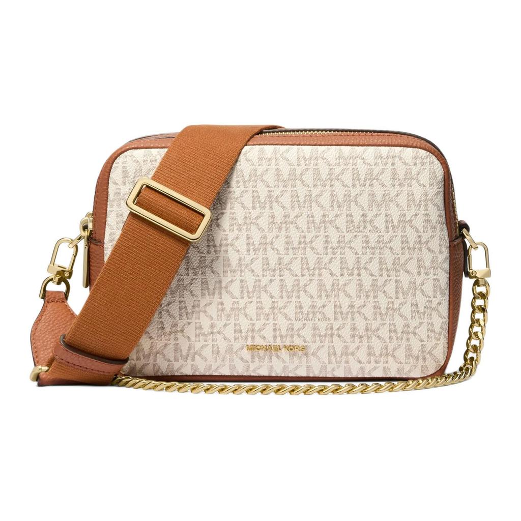 Michael Kors MK Bryant Metallic Logo Monogram Zip Closure Shoulder Crossbody Bag Medium Women Bags Vanilla-White Acorn-Brown 32S5GYTC5B-VANILLA/ACRN