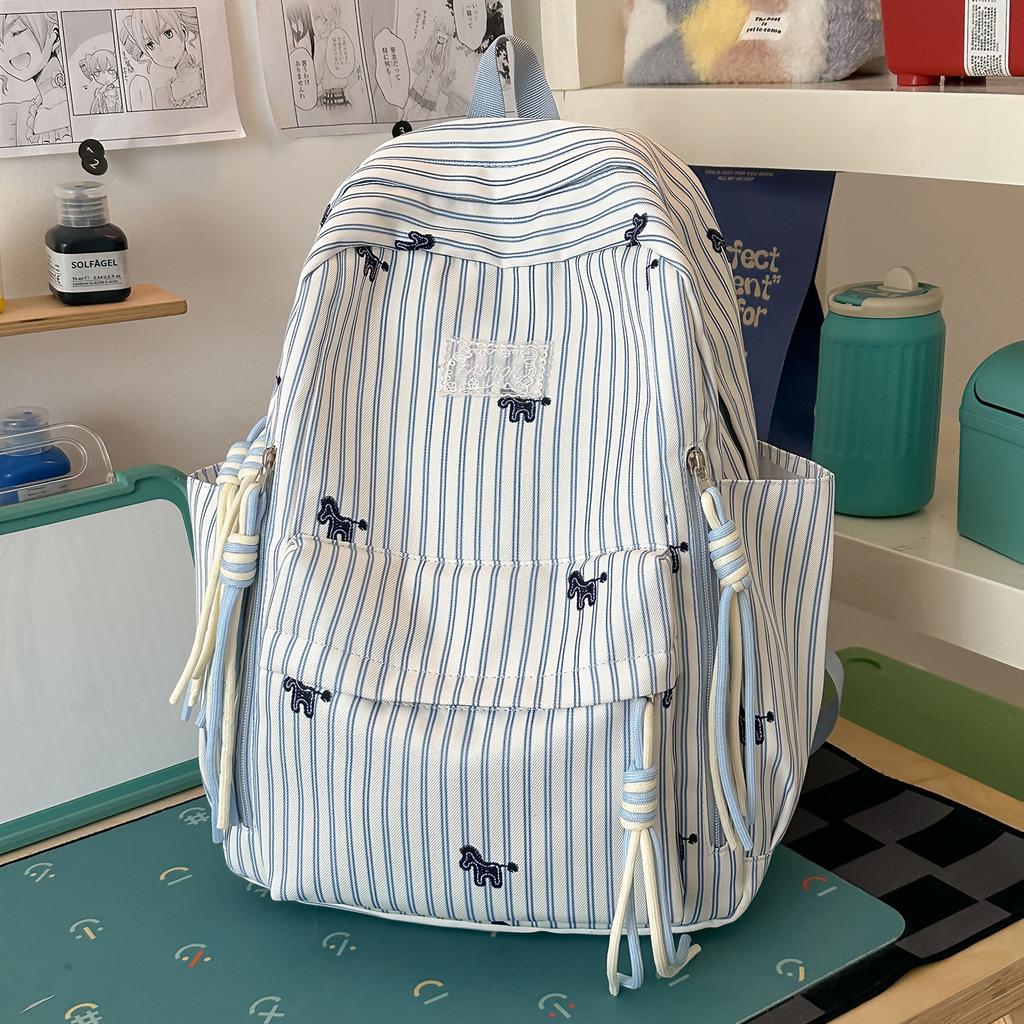 School bag with fresh stripes and backpack for women, 1011 new trendy minimalist casual lightweight large capacity student school bag