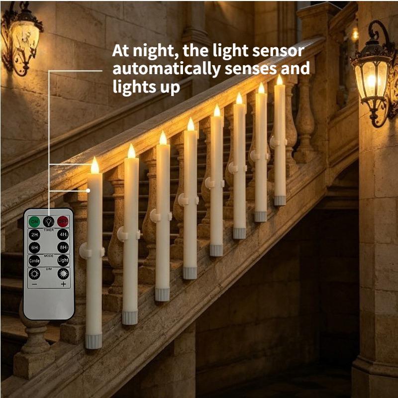 6Pcs/Set LED Flickering Taper Candles Battery Operated Flameless Long Candles with Timer & 10-Key Remote for Wedding Party Home Decor