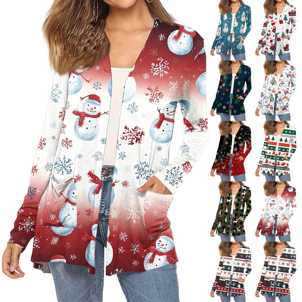 Women's Fashion Christmas Print Long-Sleeved Pocketed Slim-Fit Cardigan Coat