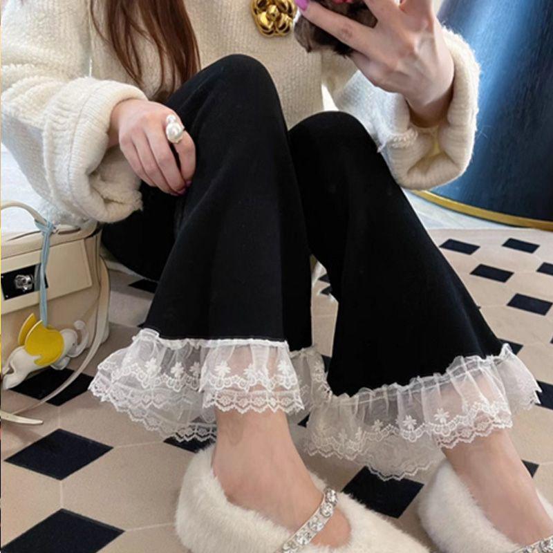 Plus Size Slim-Fit Korean Micro-Flare Pants with Lace Trim - Spring/Summer Style L (101-120 lbs) чёрный