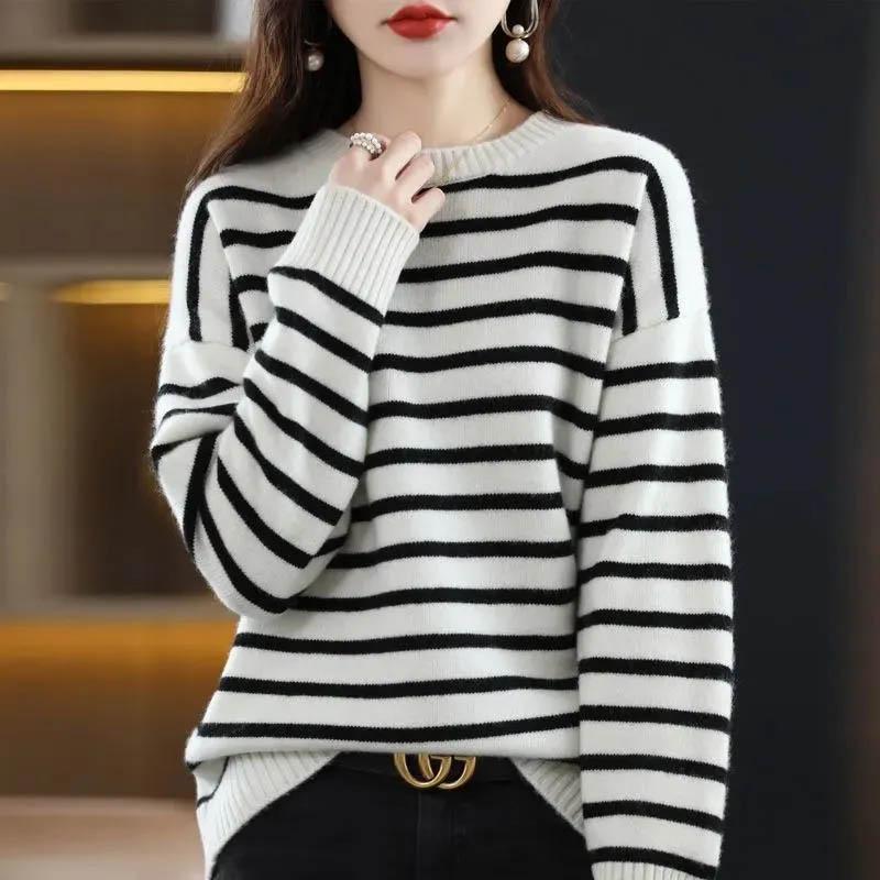 Sweater for Women Winter Stripe Pullover Warm Knitted Stretchy Long Sleeve Oversize Jumper Tops