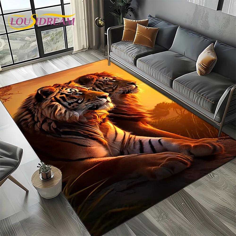 Wilder Tiger Löwe Leopard Biest Tier Wildtier Cartoon Teppich Teppich für Wohnzimmer Schlafzimmer Sofa Dekoration, Rutschfeste Bodenmatte