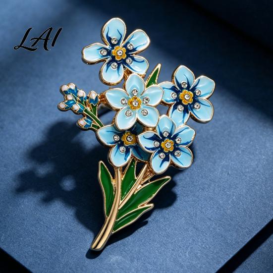 Gold Metal Lapel Pin Forget Me Alloy Blue Brooch Not Flower Floral Pin Memorial Enamel Artistic Clothing Accessory Brooch for Coat