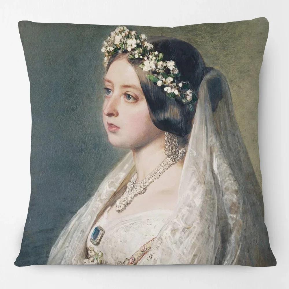 Oil Painting Queen Victoria Cushion Covers European Vintage Style Woman Lady Duchess In Court Dress Art Pillow Case