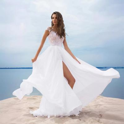 A-Line Boho Wedding Dresses for Bride Long Chiffon Slit Bridesmaid Dress Lace V-Neck Evening Gown for Prom Masquerade Beach