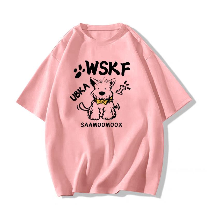 Damski T-shirt z ciężkiej bawełny z nadrukiem retro szczeniaczka, Kolekcja Lato 2025, Luźny krój, Krótki rękaw.