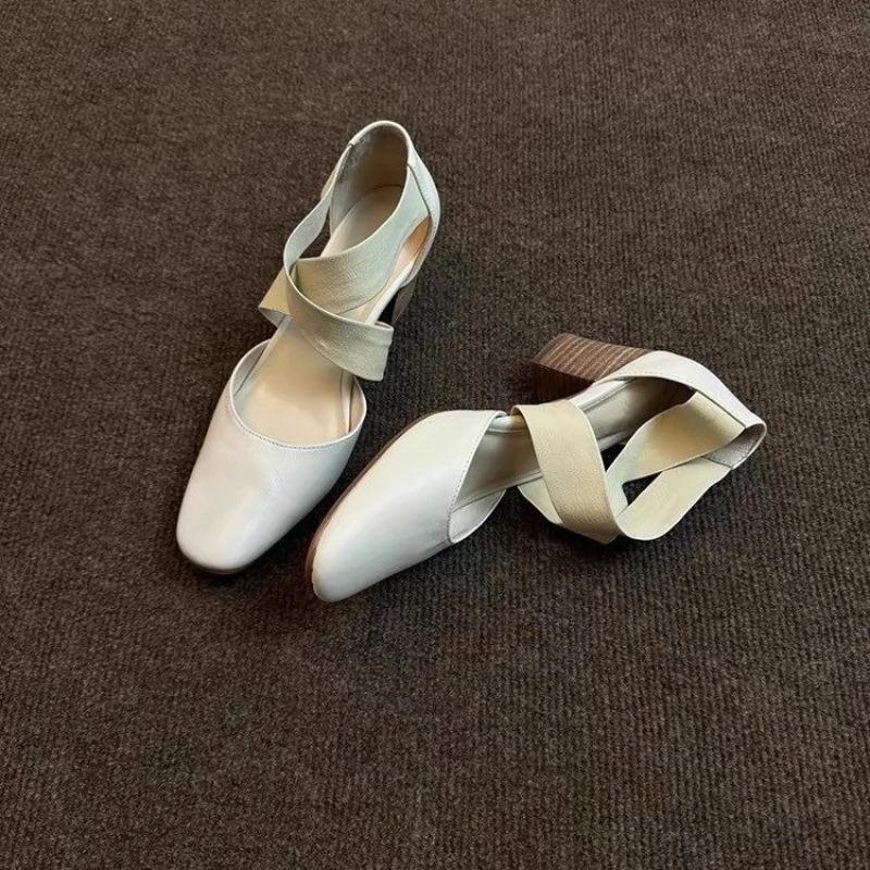 

Spring 2025 New Women sShoes Square Toe Thick Middle Heel Cross Elastic Cowhide Color Office Women Shallow Single Shoes 35 чорний