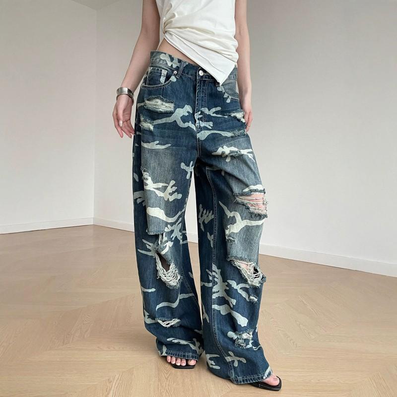 Vintage Washed Distressed Camo Patchwork Denim Wide Leg Jeans Men Women Slim Fit Relaxed Trousers