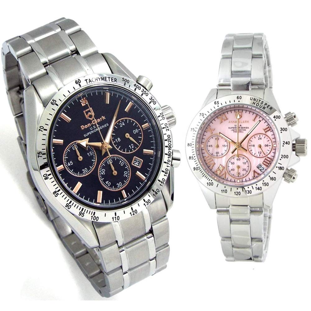 Limited Edition Pair Watches Anne Tachymeter Chronograph with Natural Shell Stainless Set of Includes Pair Box and Strap Adjustment [Dan & Clark].