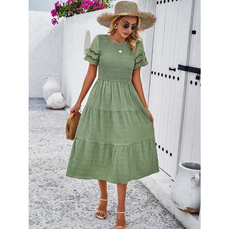 Women's Spring and Summer Temperament Solid Color Short-sleeved Hollowed Out Dresses