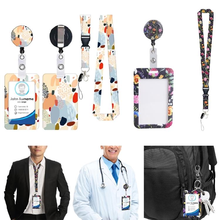 Lanyard Badge Card Holder with Keyring Flowers Neck Strap Oil Painting Name Card Cover Case for Students