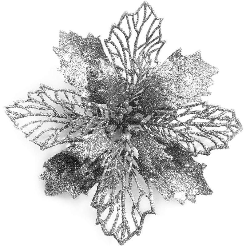 5pcs/lot Christmas Poinsettia Glitter Flowers with Clips Christmas Tree Ornaments Decor for Home Decor New Year Xmas Gifts