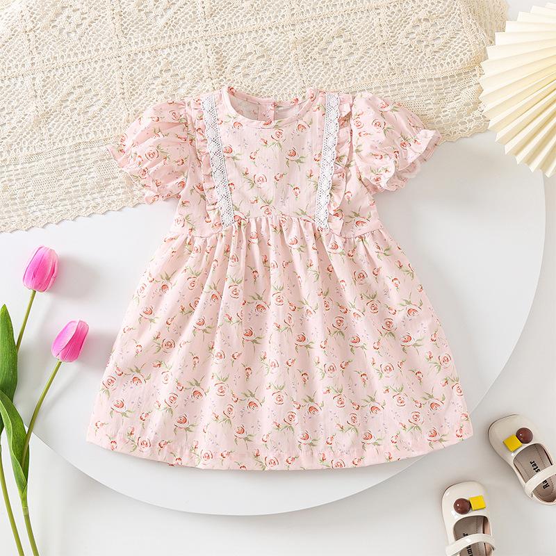 Girls Cotton Floral Princess Dress Summer Thin Short Sleeve Lace Trim Cute Dress For Little And Medium Kids 80cm розовый