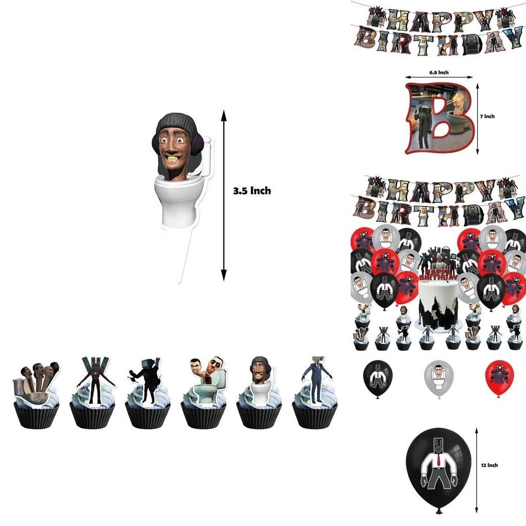 Skibidi Toilet Party Decoration Set Fun And Colorful Birthday Balloons Flags And Cake Toppers