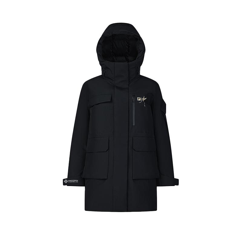 FILA Explore Series Solid Color Logo Print Mid-Length Hooded Long Sleeve Down Jacket Women outerwear Deep-Black A11W447916FBK