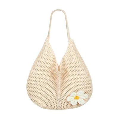 Tote Bag for Woman Crochet Mesh Beach Shoulder Bags with Flower Brooch Summer Vacation Knitted Bag for Women Shoulder
