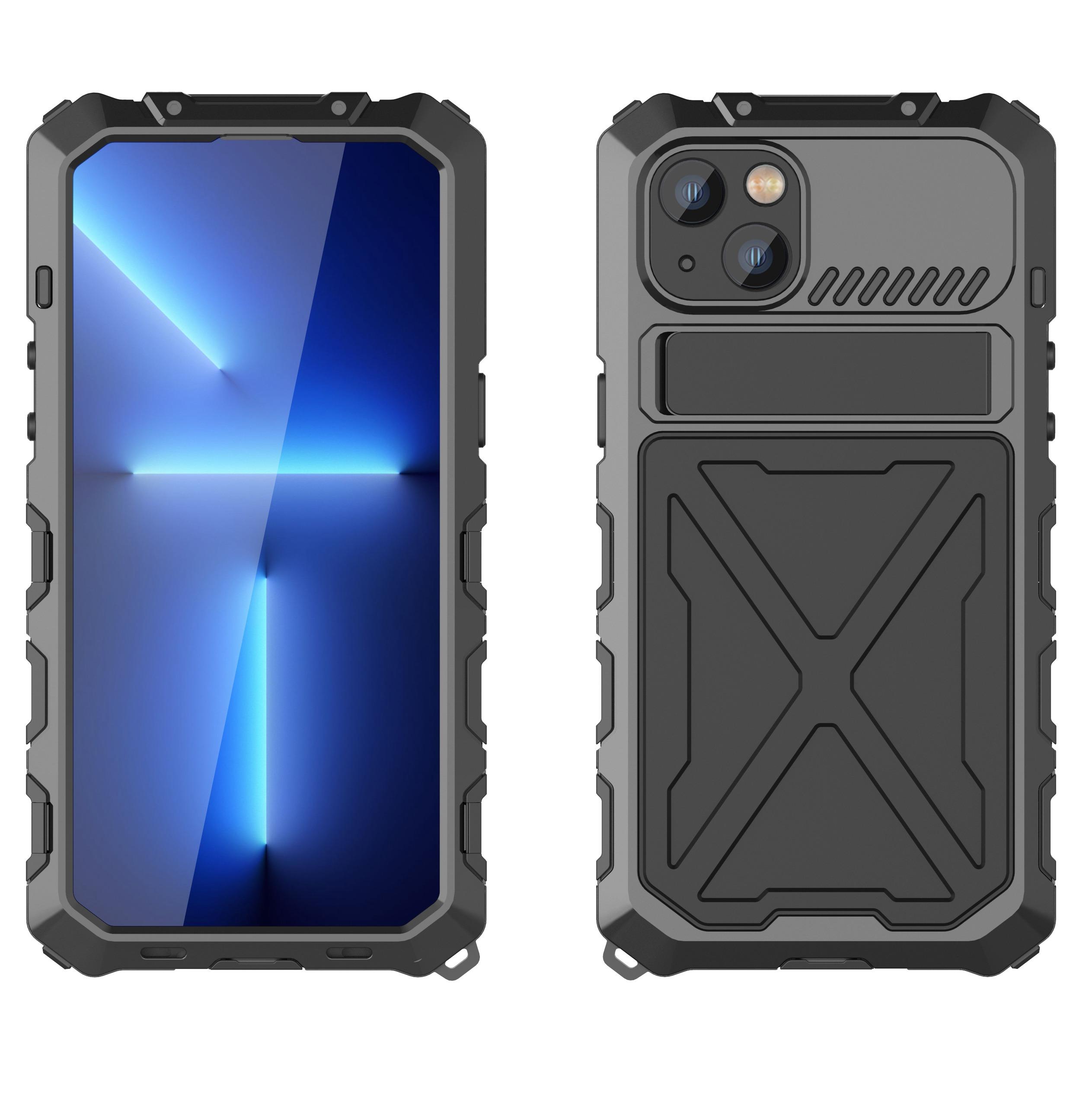 

R-JUST For iPhone 14 Plus Silicone+Metal Protective Back Cover Kickstand Shockproof Smartphone Case Black
