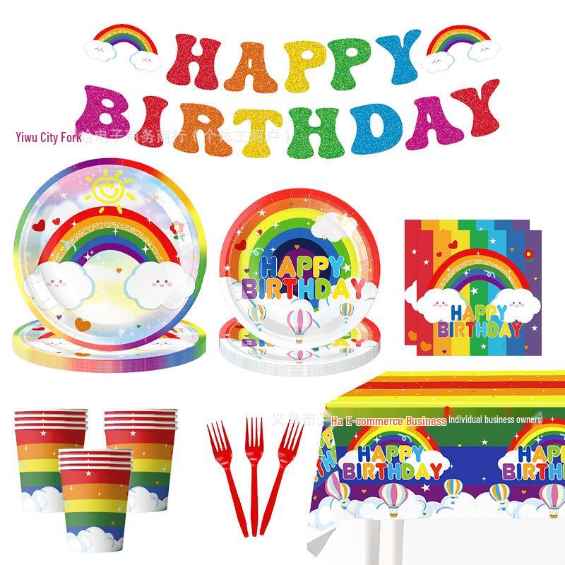 Rainbow Party Tableware Set: Neon Plates, Napkins, Tablecloth for Seven-Color Birthday Celebration