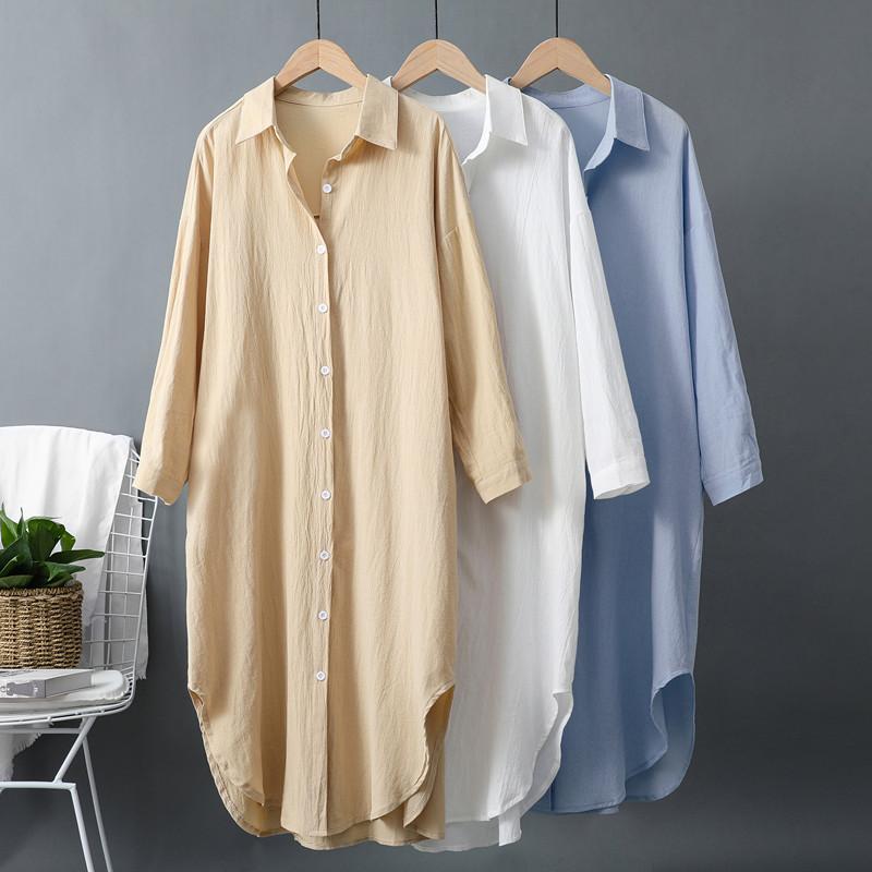 1116 Primavera e Autunno Camicia Media e Lunga Donna Cotone e Lino Design Ampio Top Versione Coreana Giacca Camicia Solare