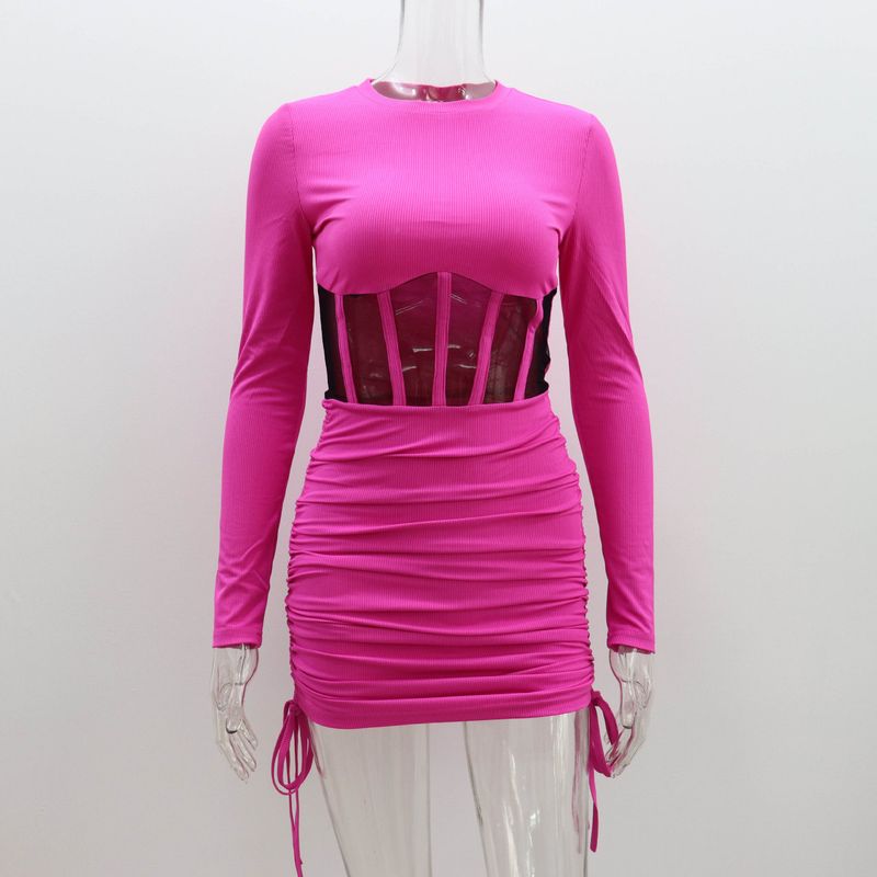 

Waist-Cinching Dress for Women, European and American Style, Spring and Summer Fashion, Round Neck, Sexy Long-Sleeve Ruched Short Dress for Women Rose Red M