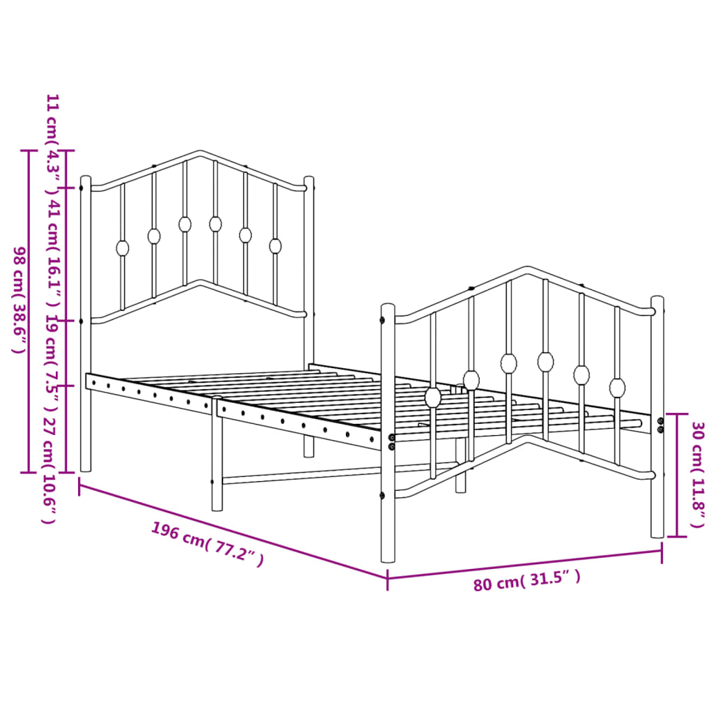 Metal Bed Frame with Headboard and Footboard White 75 x 190 cm