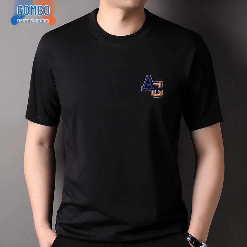 Men's Silk-Blend Letter Embroidered Round Neck T-Shirt
