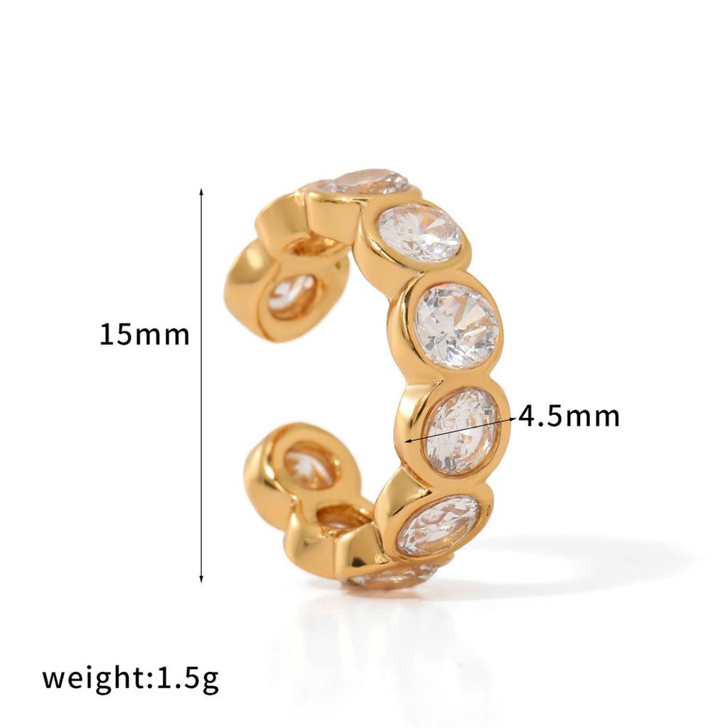 Ear Cuff Cartilage Stacking C-Shaped CZ Thick Earring, 18K Gold Plated Stainless Steel Clip On, 1Pc Single Fake Piercing Jewelry