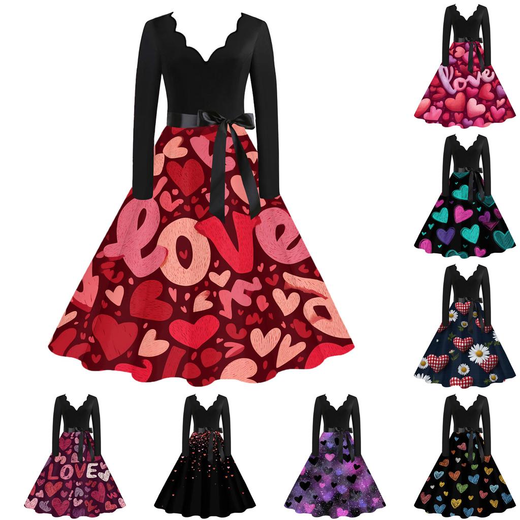 Women's Casual Fashion V-neck Valentine's Day Print Retro Dress