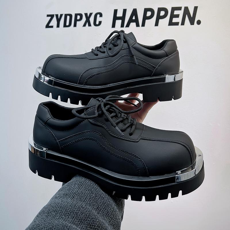 Luxury Drsign 2024 Spring New Black Leather Height Increasing Shoes For Men's Metal Toe Trim Fashion Street Casual Dress