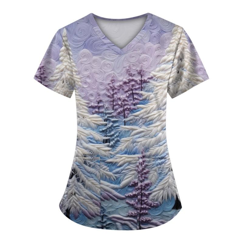 3D Snowman Print V-Neck Short Sleeve T-Shirt Women Men Casual Workwear Comfort Fit 2025