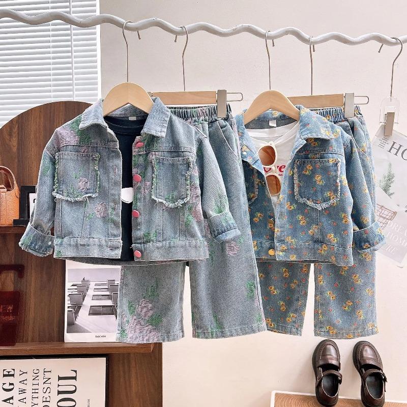Girls Clothing Sets Spring Autumn Children's Clothing Cute Denim Jacket Cardigan Straight Leg Jeans Kids Suit