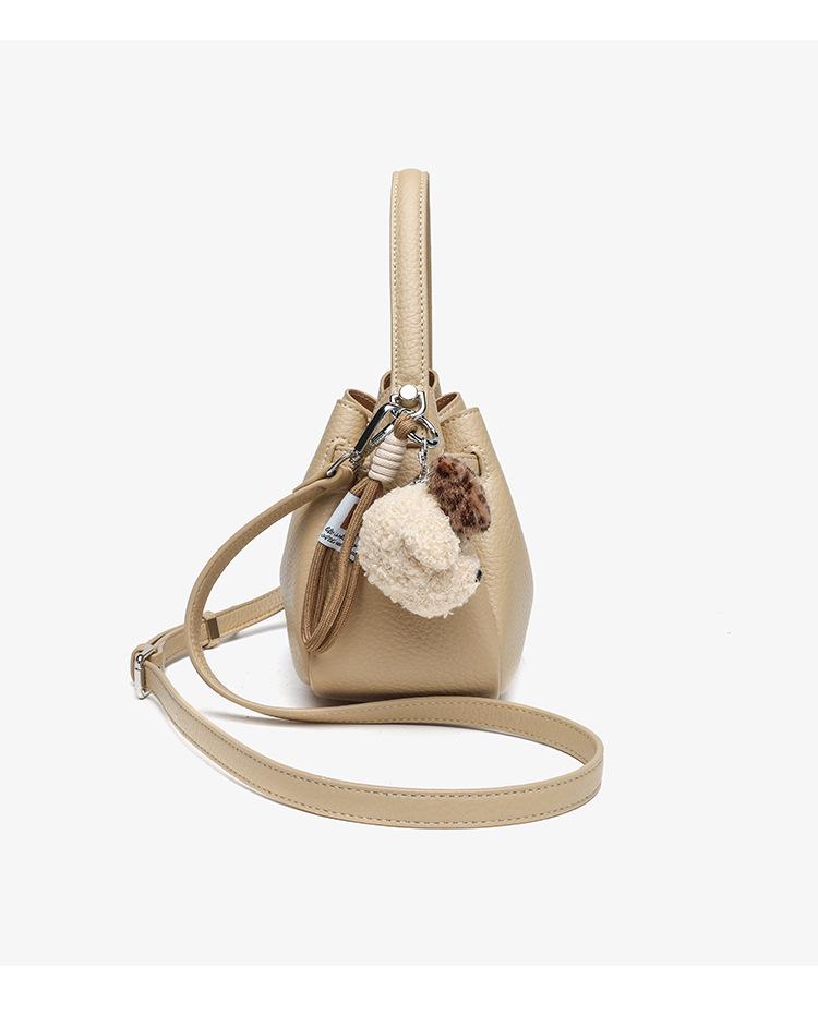 Korean Style Genuine Leather Bucket Bag with Cute Dog Pendant - Versatile Crossbody and Shoulder Bag for Women