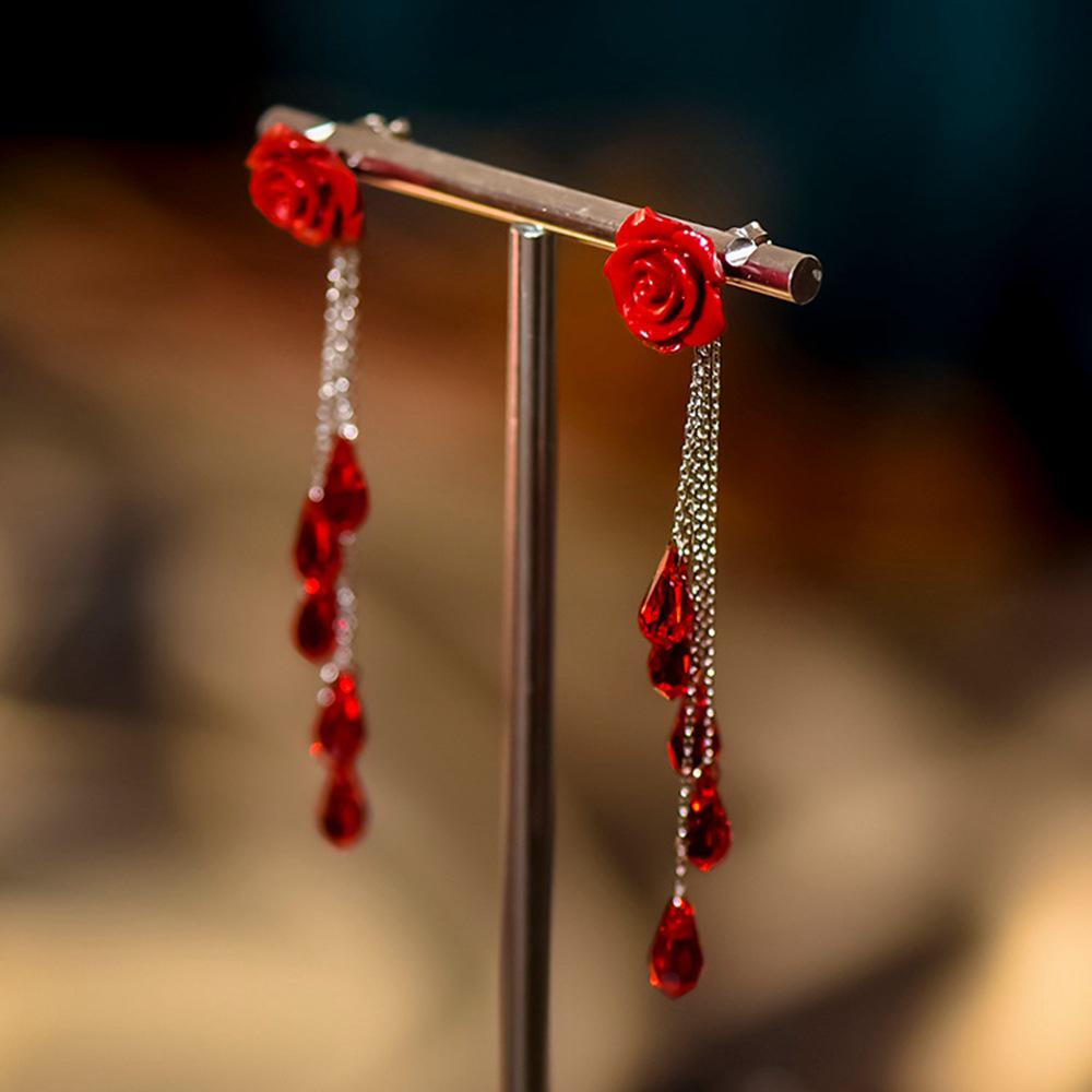 February Rose Silver Needle Red Flower Stud & Dangle Earrings – Elegant Women’s Jewelry