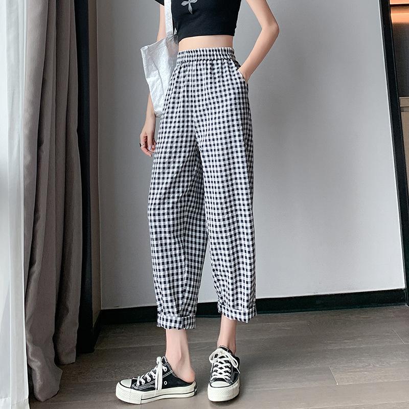 

Хлопковые и льняные клетчатые брюки, летняя тонкая женская одежда, брюки Bubble Eight или Nine Points, повседневные тонкие свободные прямые брюки с высокой талией XL
