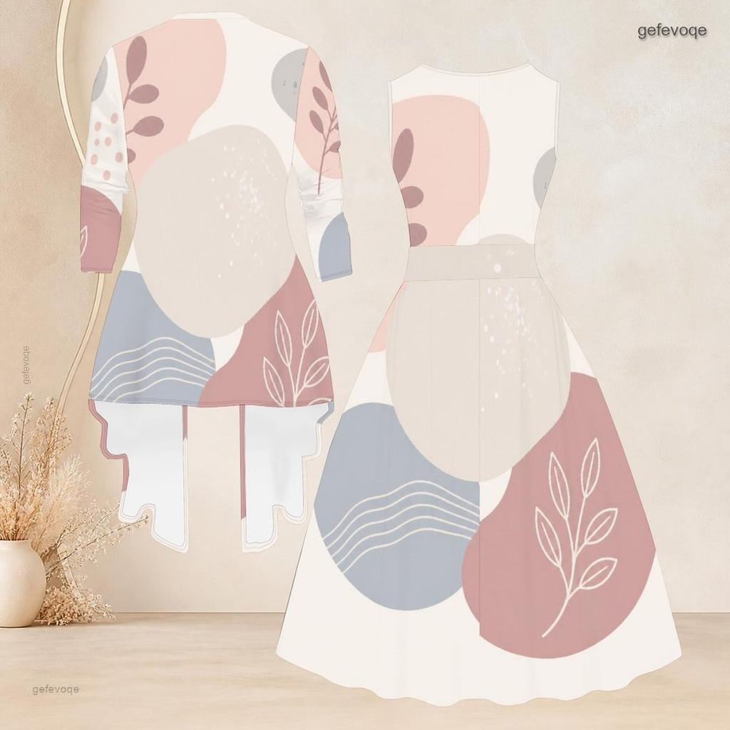 Women Plus Size Two Piece Set Geometric Printed Round Neck 3 4 Sleeve Open Cardigan Sleeveless Tie Waist Flared Dress