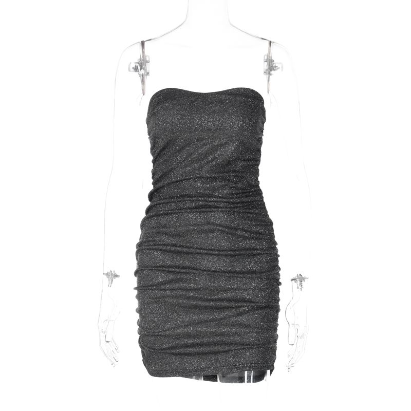 

Ruched Sexy Shiny Slim Looking Bodycon Dress Chest Wrap Black M