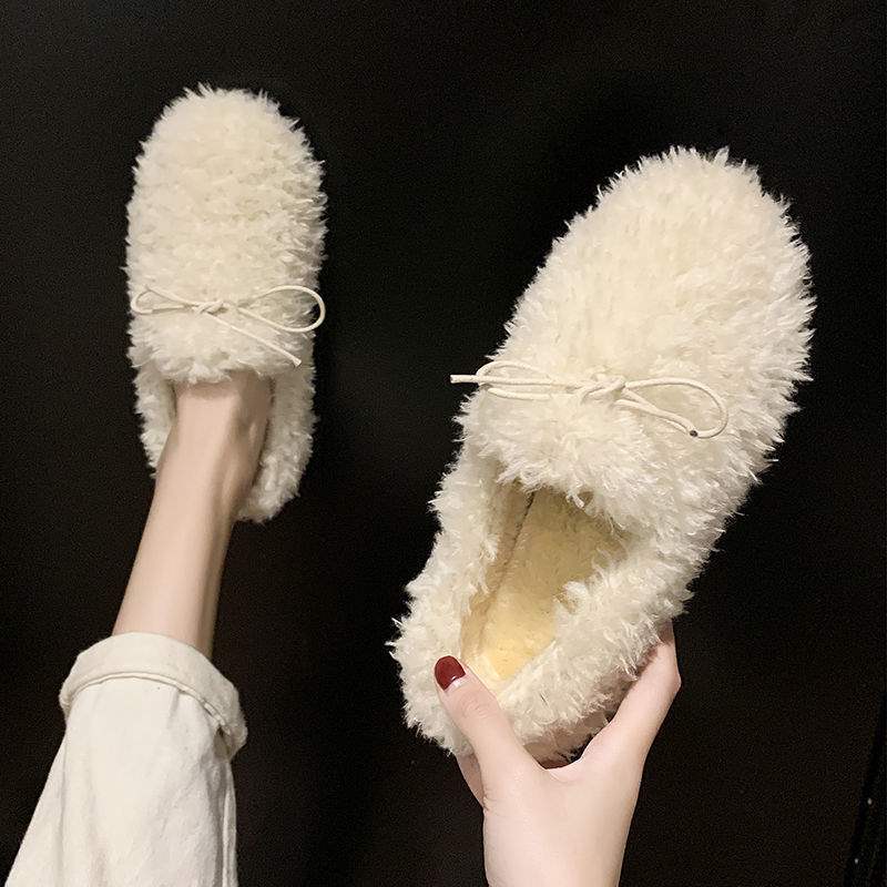 Mao Mao Shoes Women's Winter Wear Korean Version 2025 New Flat Bottom Internet Celebrity Curly Wool Lamb Wool Soft Sole Doudou Cotton Shoes