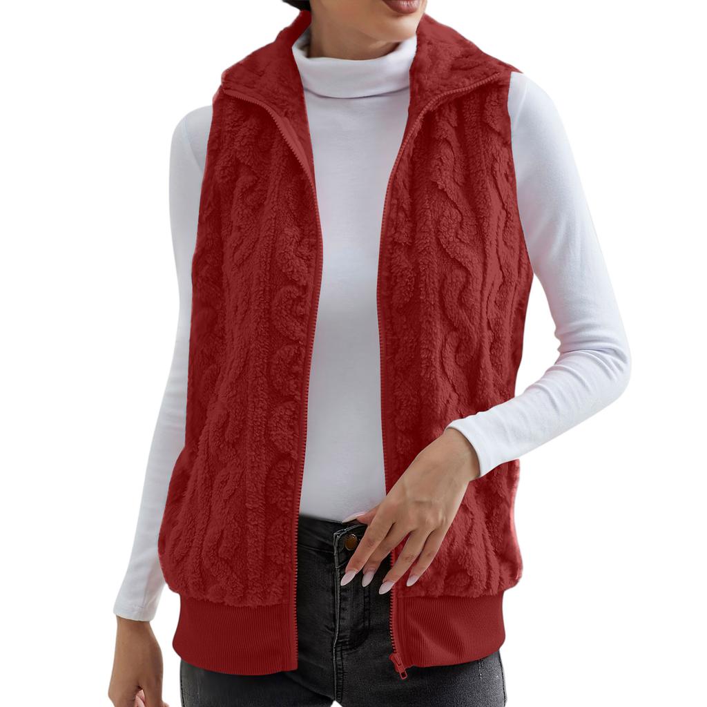 Fashionable Ladies Plaid Comfortable Fleece Cardigan Vest Stand Collar Sleeveless Women's Jacket
