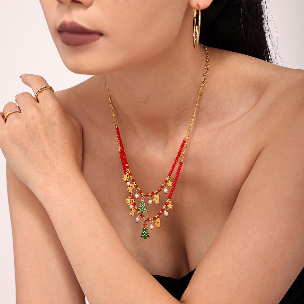 Ferris Wheel Enamel Christmas Zircon Tree Pendant Necklace - European & American Light Luxury Stainless Steel Jewelry
