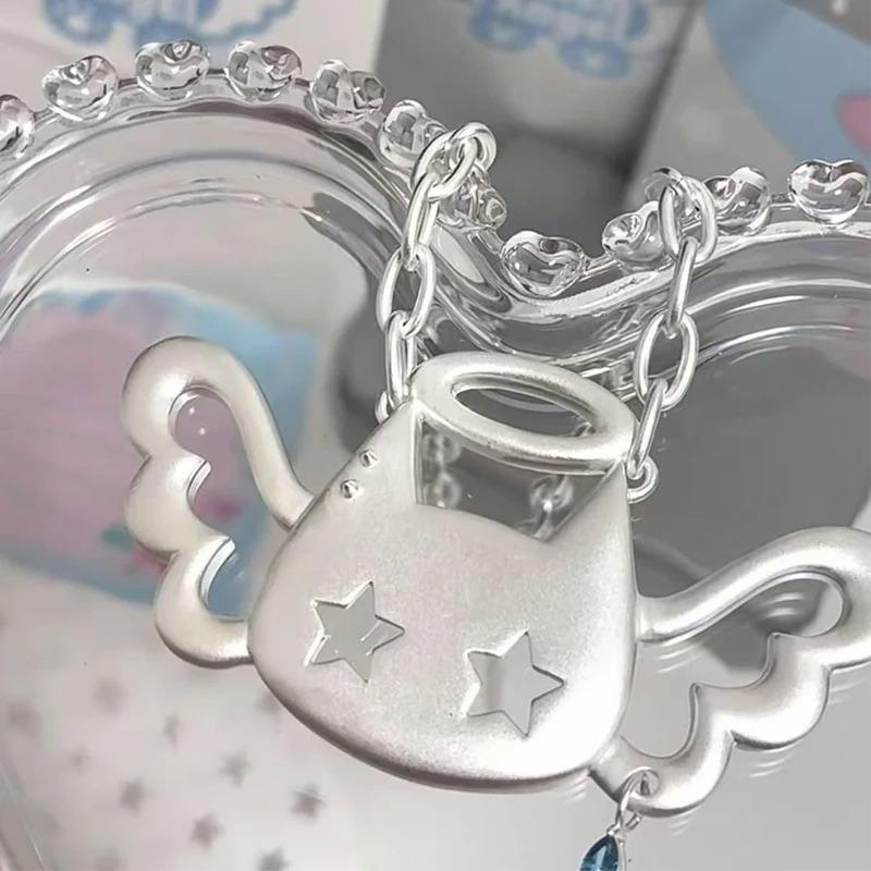 New Y2K Wing Cat Punk Pendant Necklace for Women Korean Fashion Blue Crystal Star Pendant Necklace Charm Accessories