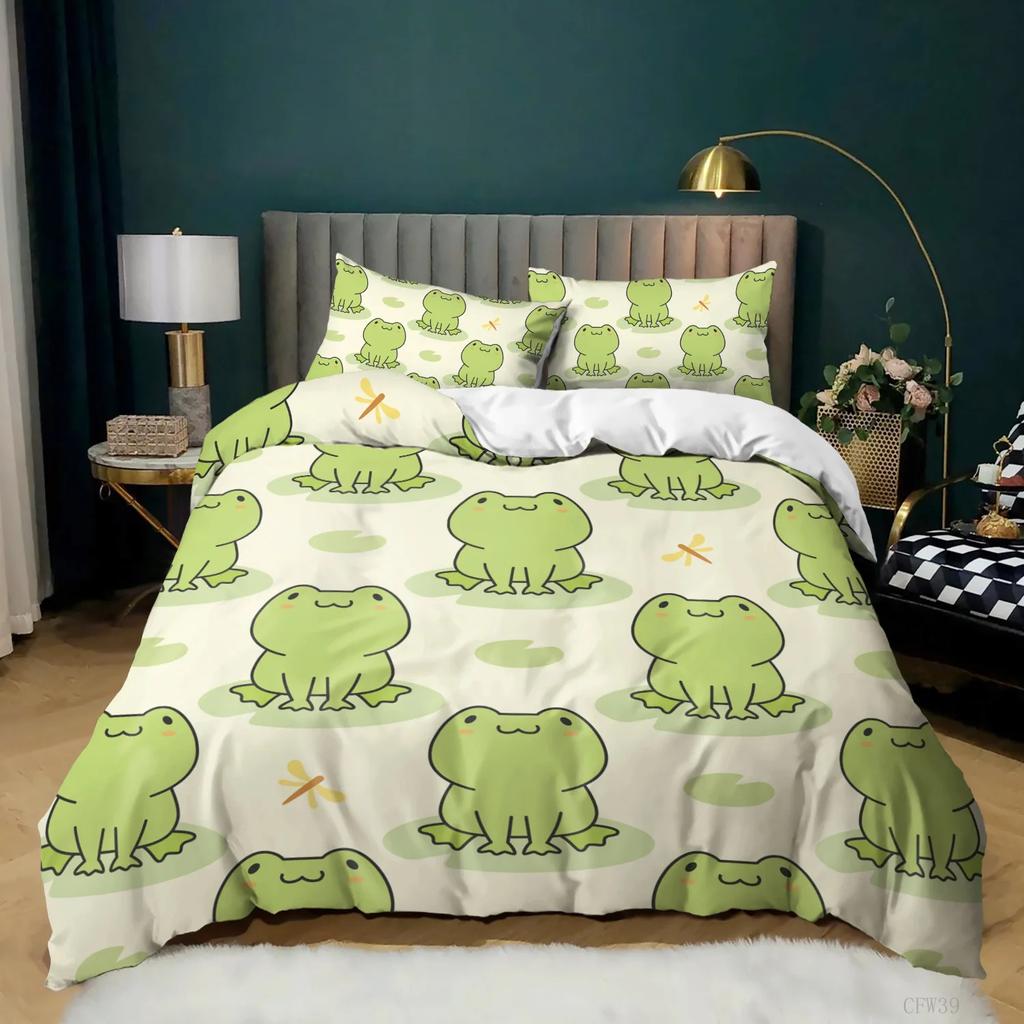 Animal Frogs Duvet Cover Set King Queen Size Green Lovely Cartoon Frog Bedding Set Boys Toad 2/3pcs Polyester Comforter Cover