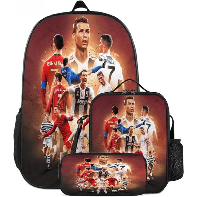 Conjunto de Mochila Escolar Infantil Estampada Cristiano Ronaldo Meninos Meninas 3 Peças Mochila de Tecido Oxford Com Lancheira Estojo