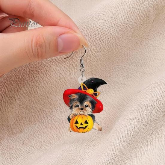 Decorative Holiday Ear Jewelry Witch Hat Puppy Earrings, Cute Dog Pumpkin Drop Lightweight Acrylic Jewelry, Halloween Accessories for Women